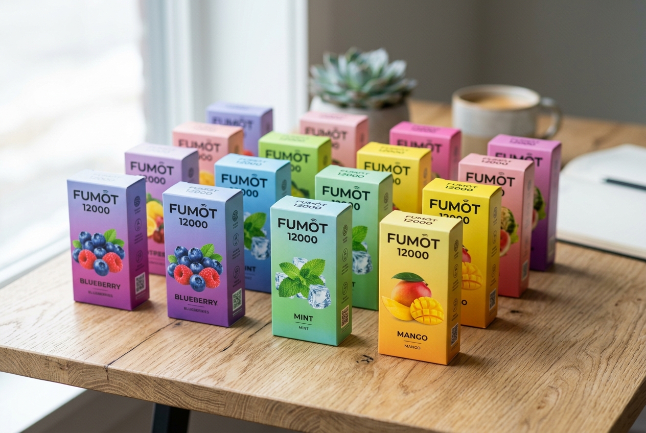 Mehrere Geschmacksrichtungen und Verpackungen der Fumot 12000 Vape Serie für Endkunden und Händler