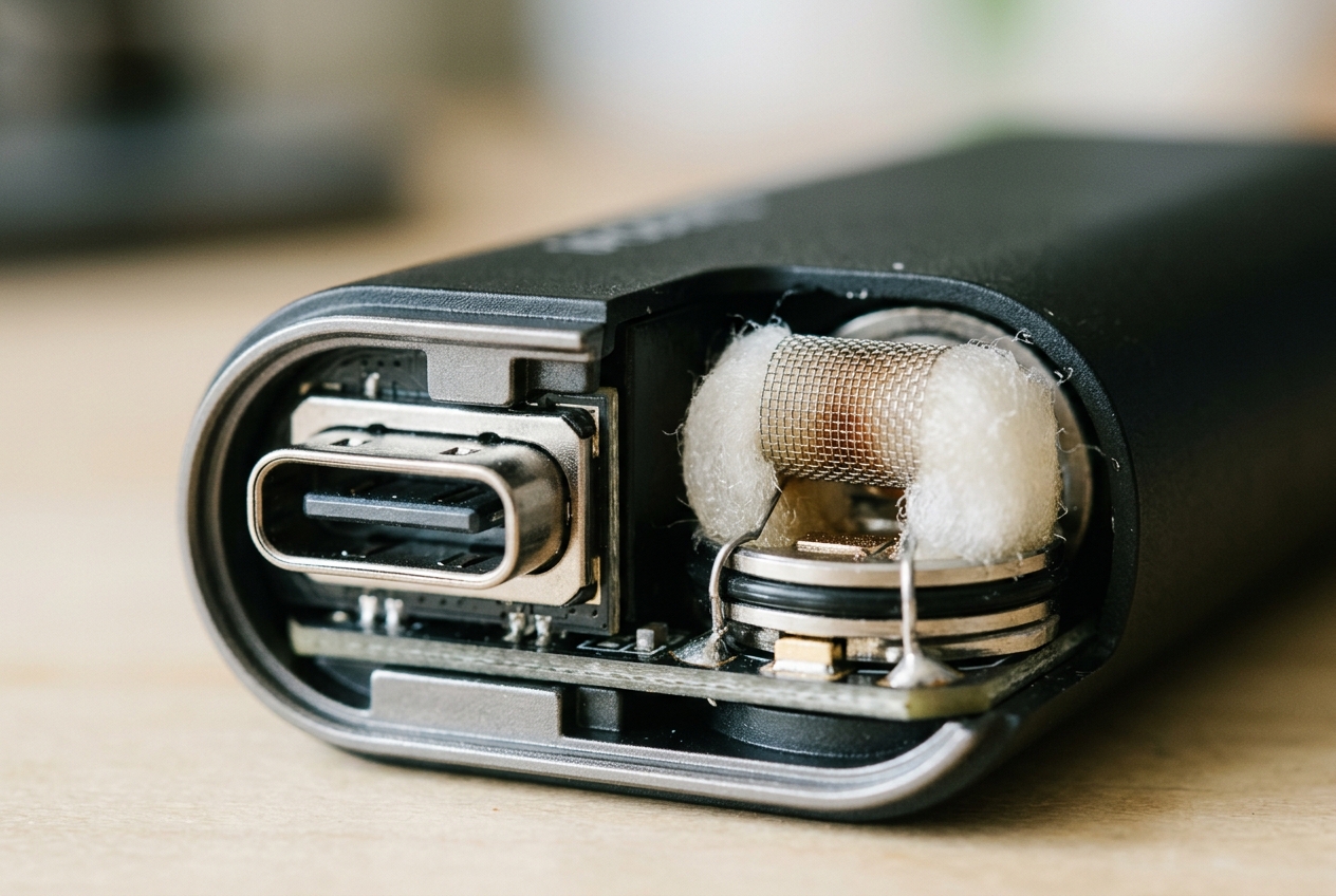 Detalle del puerto de carga USB-C y resistencia de malla en un vapeador desechable moderno