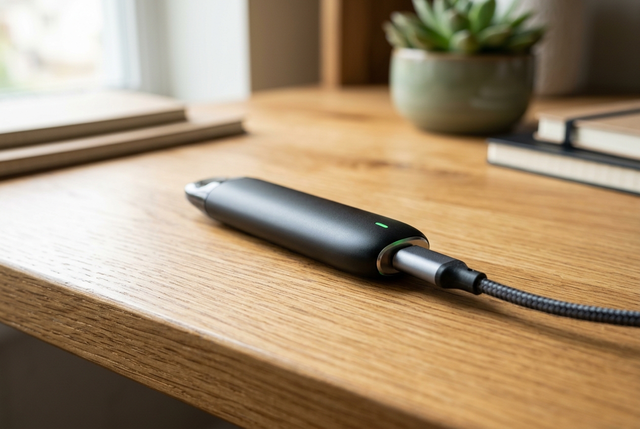Vapeador desechable recargable conectado mediante cable USB-C junto a accesorios de vapeo