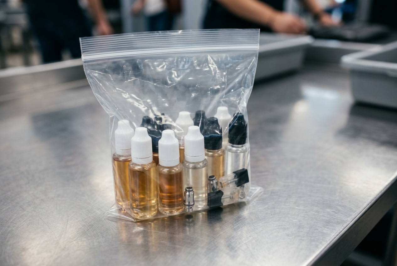 Líquidos de vapeo en botes pequeños de viaje dentro de una bolsa transparente reglamentaria para el control de seguridad de aeropuerto