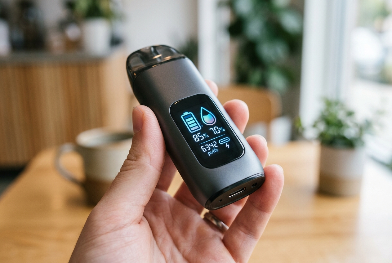 Dispositivo de vaper desechable moderno con pantalla digital indicando batería y nivel de líquido