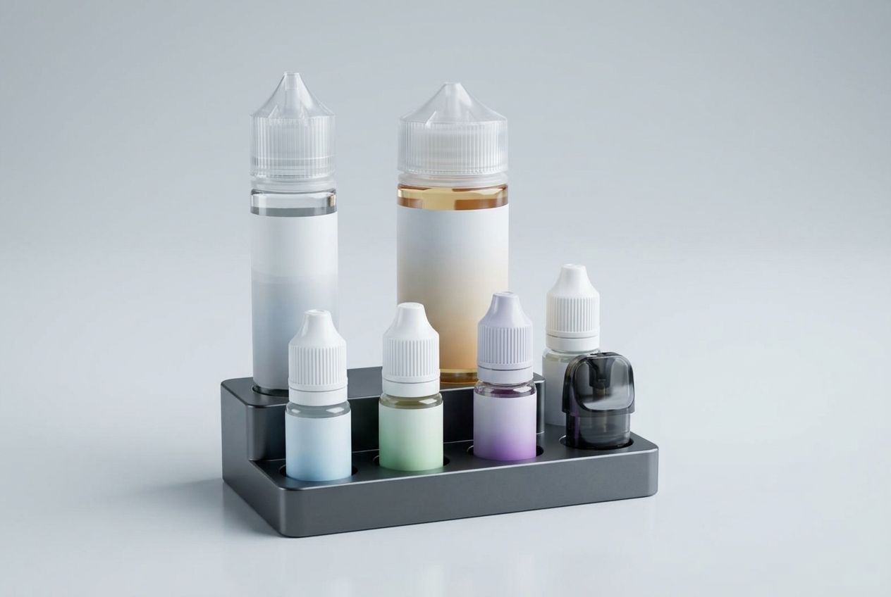 Varias botellas de líquidos para vapear de 10ml y botellas de gran formato dispuestas de forma ordenada