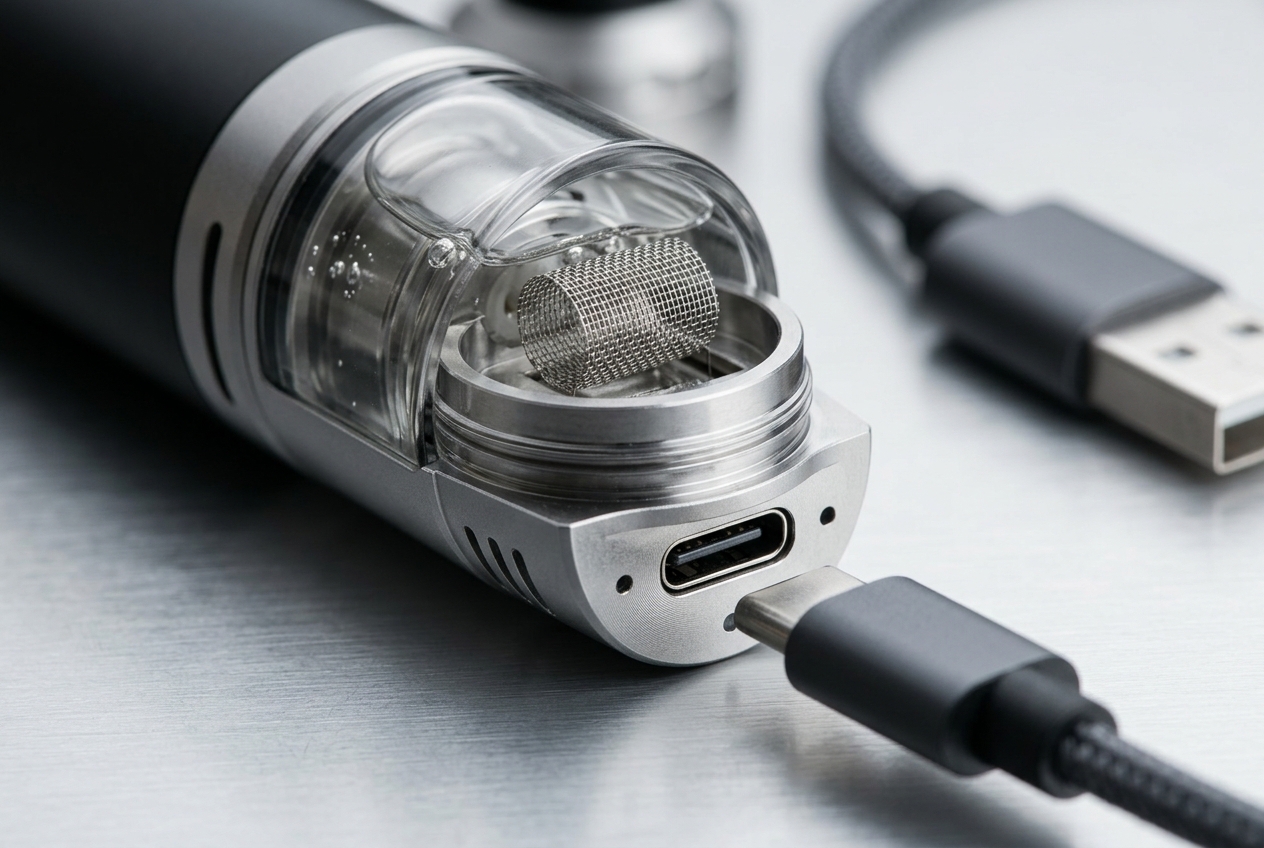 Close-up view of a rechargeable vape pod showing USB-C port, mesh coil heating element, and clear liquid reservoir