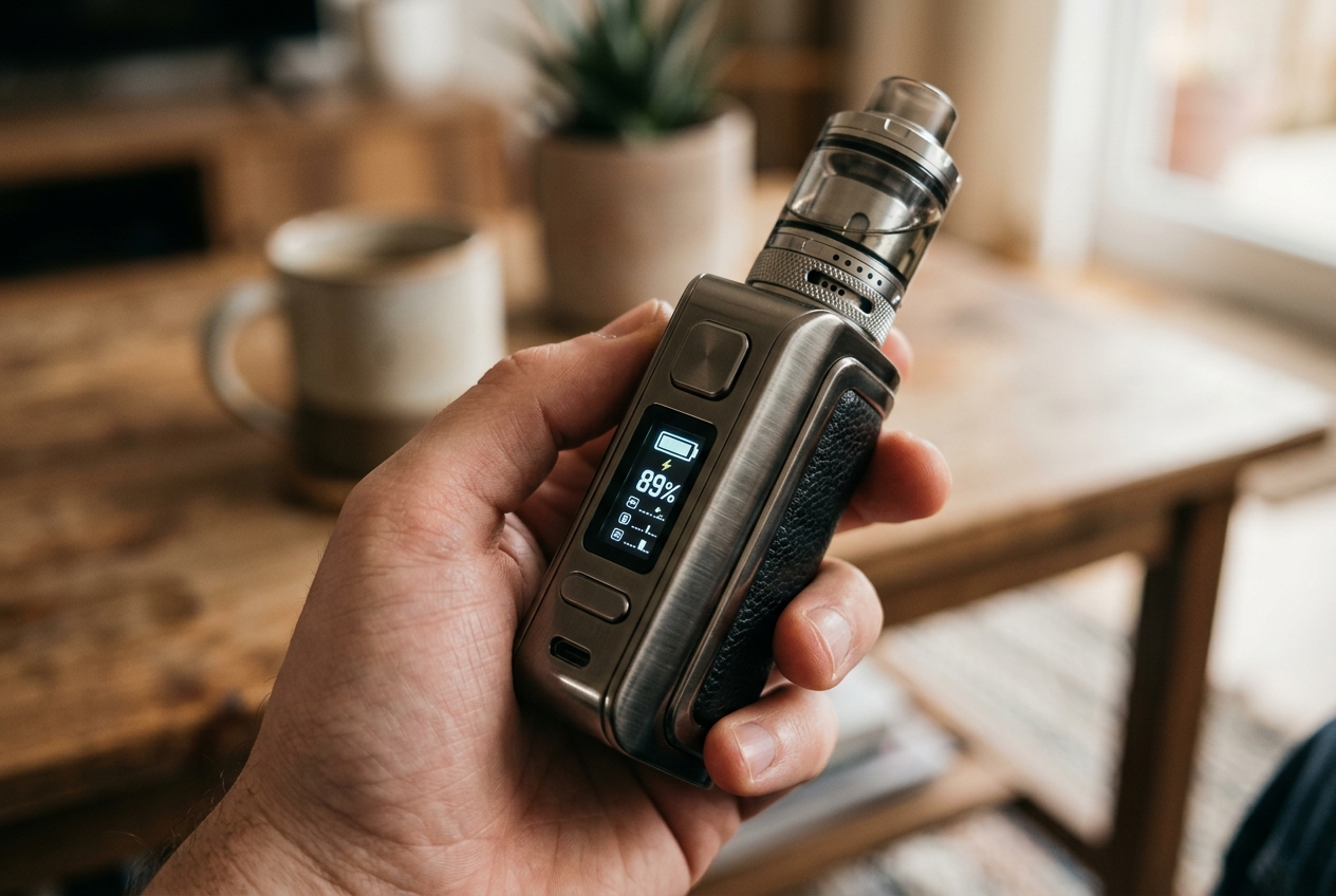 Detalle del indicador digital de batería y líquido en un vaper recargable Lost Mary MT50K Turbo
