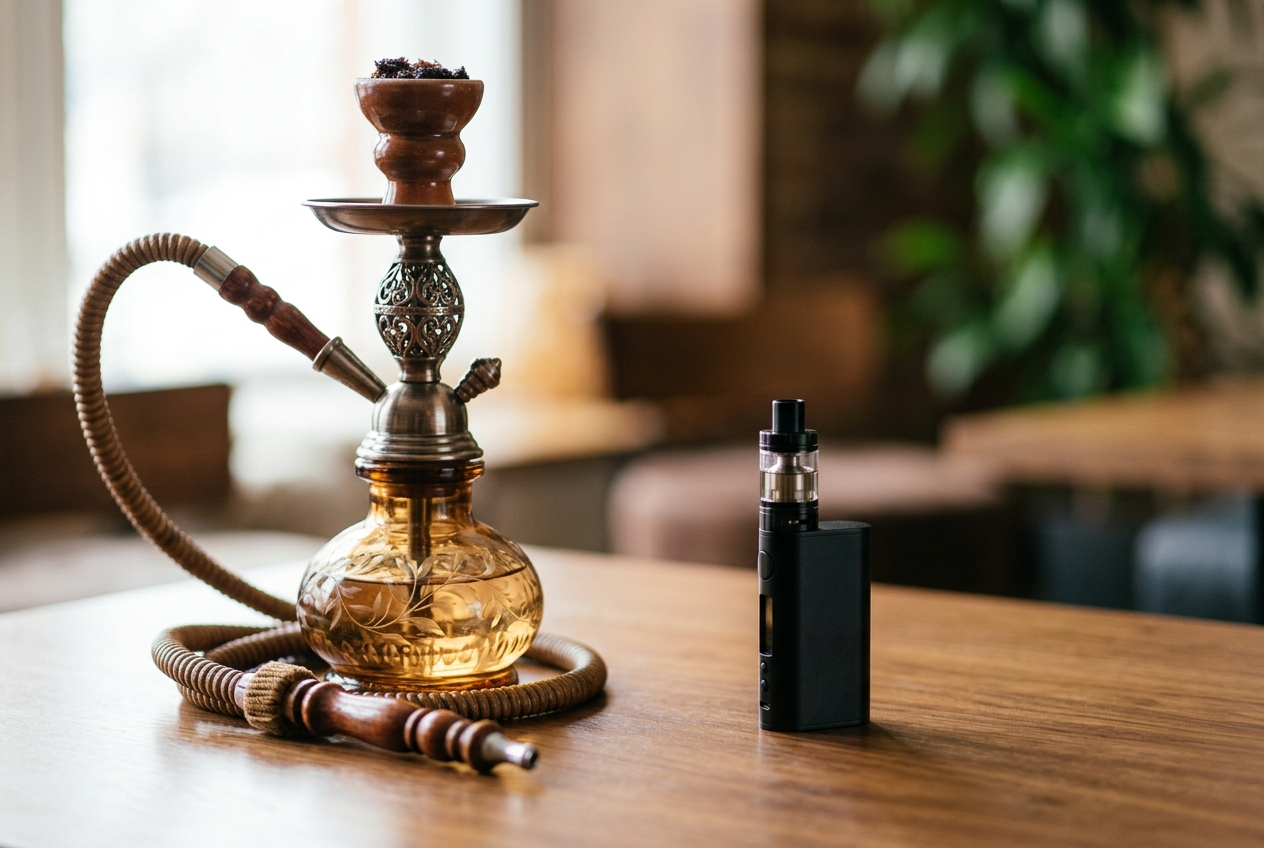 Comparison setup between a traditional shisha water pipe hookah and a handheld disposable vape device